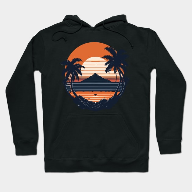 Retro Vintage sunset beach mountain ocean and palm Hoodie by Henok D.
